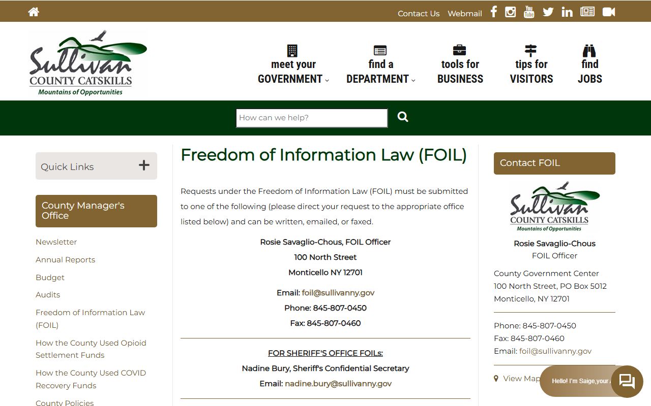 Sullivan County inmate records FOIL request page