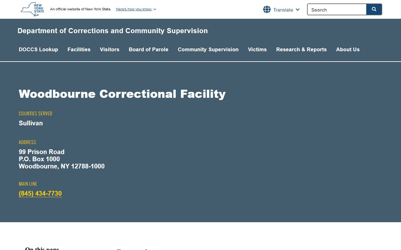 DOCCS Woodbourne Correctional Facility webpage with facility details
